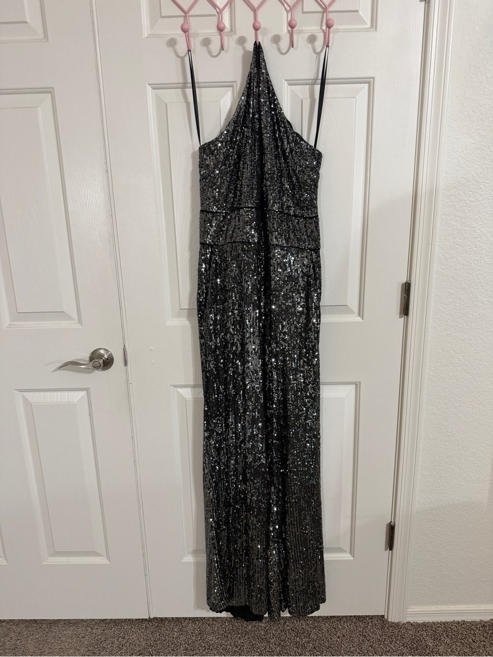 Anthropologie Maeve Sequin Halter Wide Leg Jumpsuit Black Silver 12